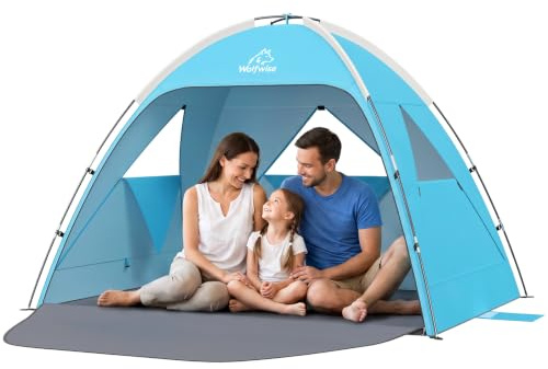 Wolfwise Strandmuschel, Sonnenschutz Strand, Strandzelt Standard 3 Personen | Großes Sonnensegel für UPF 50+ UV-Schutz & Einfacher Aufbau, Windfest & Sandsäcke, 220cm L × 150cm D × 122 cm H, Blau
