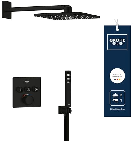 GROHE Precision SmartControl 310, Unterputz Duschsystem (31cm Regendusche mit Thermostat, Kopfbrause 2 Strahlarten, Duschkopf 1 Strahlart, 1,50m Duschschlauch), eckig, mattschwarz, 348752430