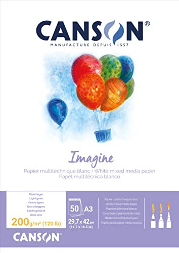 CANSON Imagine, Mixed Media Papier, leichte Körnung, 200 g/m², an der kurzen Seite geleimter Block, DIN A3, 29,7 x 42 cm, Naturweiß, 50 Blatt