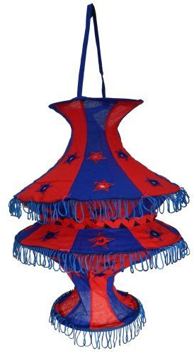 indischerbasar.de Lampenschirm Akkordeon mit Gitter 50cm Hängeleuchte Baumwoll-Patchwork Innenbeleuchtung (blau-rot)