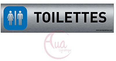 AUA SIGNALETIQUE - Plaque de porte Aluminium brossé imprimé AluSign - 200x50 mm - Double Face adhésif au dos - Impression UV directement sur l'aluminium (Pas de contre collage) (Toilettes H/F)