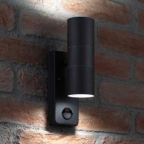 Auraglow PIR Motion Sensor Stainless Steel Up & Down Outdoor Wall Security Light - Cool White - Matte Black Finish