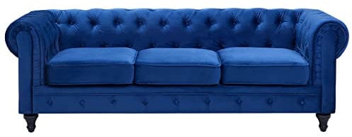 3-Sitzer Sofa Samt blau Dicke Sitzkissen Armlehnen Knopfheftung Chesterfield