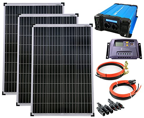 Lot de 3 modules solaires poly 100 W - Régulateur de charge 20 A - Jaune - Convertisseur de tension 1500 W - Câble pur - Kit complet - Panneau solaire photovoltaïque
