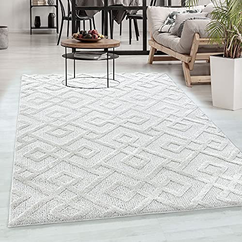 Carpetsale24 Teppich Läufer 60x110 cm Creme 3D Hoch-Tief Effekt Hochflor Skandi Stil Rauten Design Modern Weich Pflegeleicht für Flur Eingangsbereich Küche Schlafzimmer
