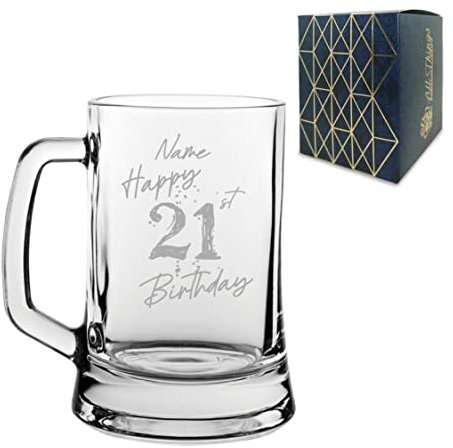 Personalised Engraved Tankard Beer Mug Stein Happy 21st Birthday Speckled Design Gift Boxed, 16.75oz/495ml Classic Beer Glass, Any Name, Engraved in The UK