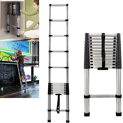 3.8m Soft Close Safe Retraction Telescopic Ladder, Extendable Multi Purpose Ladder Stainless Steel 150kg | Portable Loft Ladders Extension Ladder for Business Home Work DIY Builder