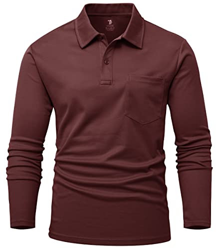 Rdruko Mens Long Sleeve Polo Shirts Smart Casual Golf Tops Breathable Wicking Quick Dry Polyester Work T Shirts with Pocket Wine Red M