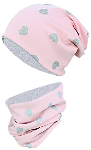 TupTam Unisex Kinder Beanie Mütze Schlauchschal Set, Farbe: Herzen Glitzer Grau/Pudderrosa Grau Meliert, Größe: 52-54