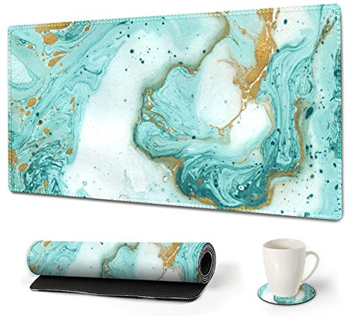 ARTSO Großes Gaming-Mauspad, erweiterte Schreibtischunterlage, XL-Tastaturmatte, langes Mauspad, Dekoration, Schreibblock, 80x39.9 cm, Blaugrün, Türkis Marmor