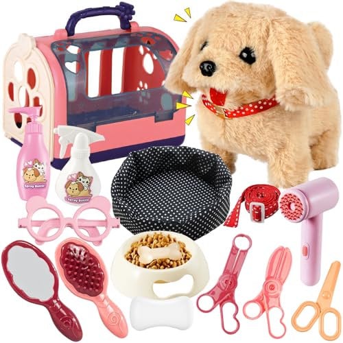 STAY GENT Interaktiv Hund Spielzeug Kinder, 16Stück Haustier-Pflege Tierarzt Spielzeug mit Tierkäfig und Spaziergang Plüsch Hund an der Leine, Rollenspiel Geschenke für Mädchen 3-8 Jahre
