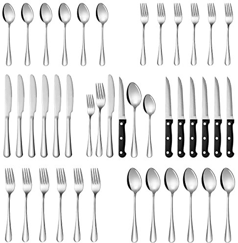 Soleebee Ensemble de couverts pour 6 personnes, 36 pièces en acier inoxydable poli miroir avec couteau à steak, fourchette, cuillère, passe au lave-vaisselle, pour la maison, mariage, banquet