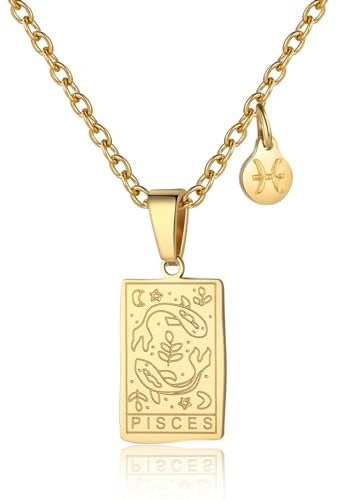 RIXERKOC Sternzeichen-Halskette für Frauen Konstellation Tarot-Karten-Anhänger Doppelseitig 18K Gold Edelstahl Sternzeichen-Schmuck Geschenke für Mädchen (Pisces)