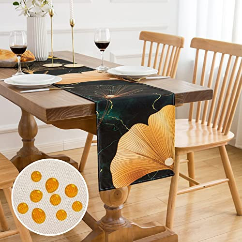 Tischläufer Dunkelgrün Tischläufer Outdoor Wetterfest Tischläufer Landhausstil Polyester Tischläufer Petrol Gold Ginkgo Biloba Natur Tischdecke Vintage Tischdecken Grün für Wohnzimmer 40x140cm