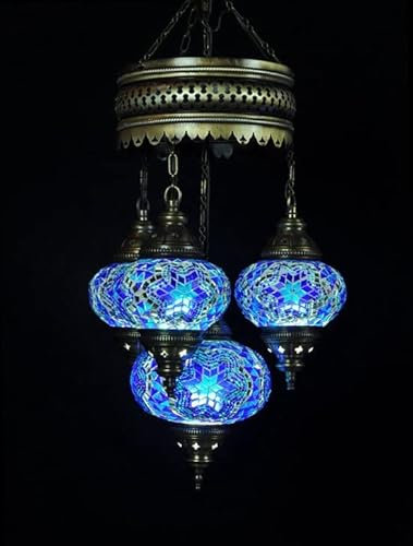 Suspension - Bleu - Verre - Mosaïque - Lampe turque - Lampe orientale - Lustre - 4 ampoules