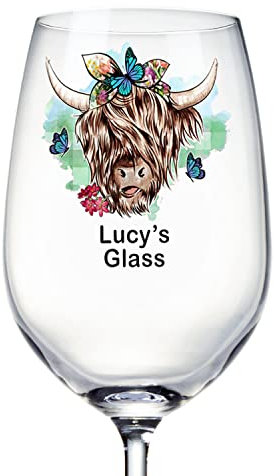 ukgiftstoreonline Personalised Highland Cow Butterfly Wine Glass Gift for Her