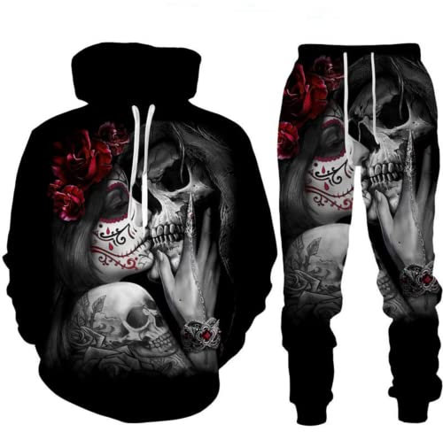 EKOMIS Totenkopf Herren Trainingsanzug Jogginganzug Sportanzug Männer Jogging Anzug Sweatshirt Hose (T5,L)