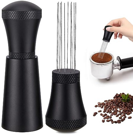 zhongko WDT Tool, Aluminium WDT Tool Espresso mit Ständer 0,35mm Edelstahl 10 Espresso Nadel Kaffee Distributor für Barista, Schwarz (2 Ersatznadeln)