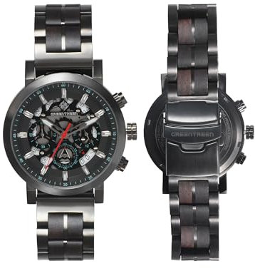 GREENTREEN Herrenuhr Chronograph Männer: Wasserdicht Holzuhr Edelstahl und Sandelholz Armband - Analoge Quarz Armbanduhr mit Datum für Alltag Wandern Joggen - Quarzuhr für Ehemann Vater Sohn