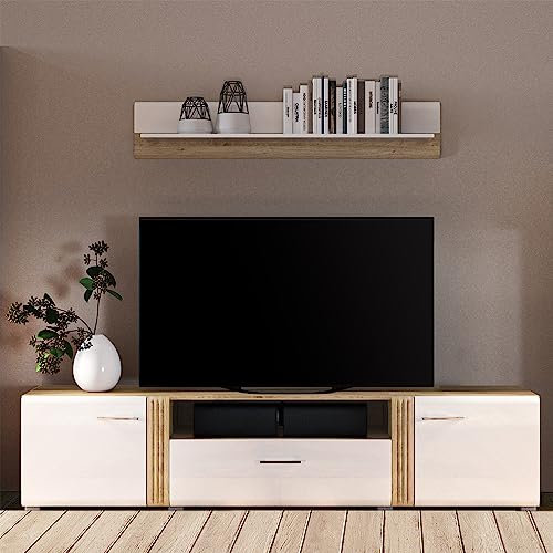 Lomadox TV-Lowboard Set, Fernsehschrank in Eiche Nb. modern mit Fronten in Hochglanz weiß 2-teilig, TV Board, Wandboard, Wandregal, Wohnwand, Fernsehwand