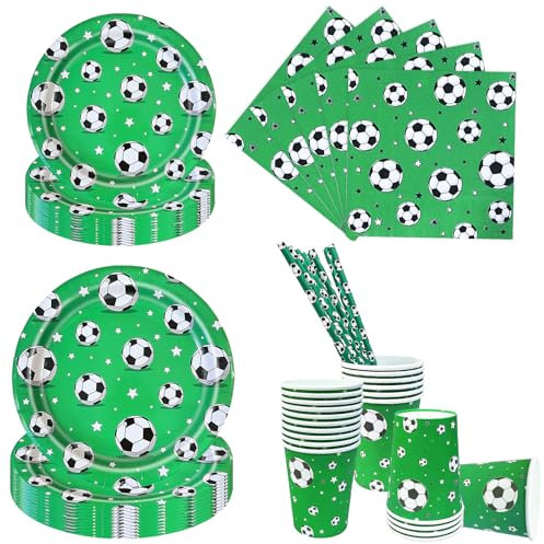 Aitsite Juego de 100 platos para fiesta de fútbol verde, platos de fiesta de cumpleaños para 20 invitados, vajilla de fútbol para cumpleaños, decoración para fiestas de cumpleaños