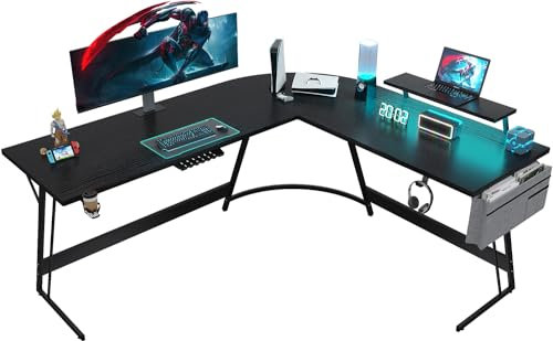 Devoko Corner Gaming Computer Desk 160x130cm L Shaped Desk with LED,PC Desk Storage Bag,Cup Holder,Screen Stand,Headset Hook,Wire Management Tray,Black Frosted