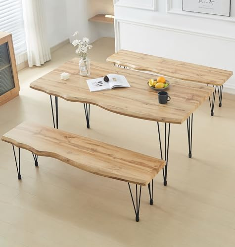 Hallowood Furniture Cullompton Dining Table with Bench, 160cm Live Edge Wood Table and Bench Set of 2 (150cm) in Black Metal Legs, Dining Room Sets for Home and Restaurant