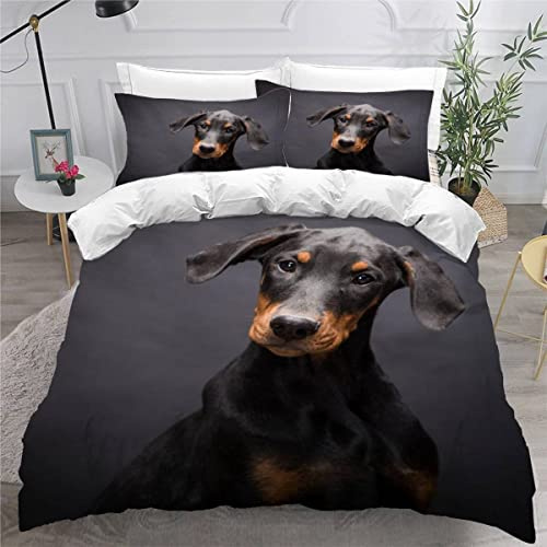 MEVASA Bettwäsche 135x200 Dobermann Pinscher Bettwäsche-Set 3 Teilig 3D-Druck Hund Tier Schwarz Bettbezug 135x200 mit Reißverschluss Weiche Mikrofaser Kinderbettwäsche mit 2 Kissenbezug