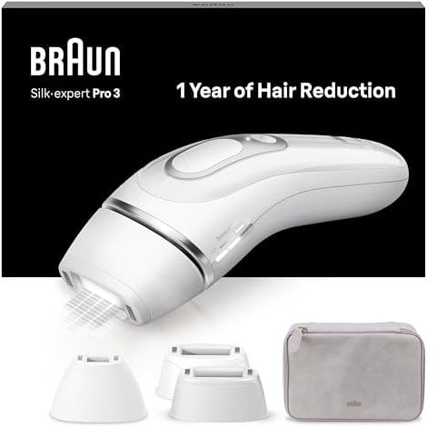 Braun Luz Pulsada Silk-expert Pro 3, Eliminación Del Vello En Casa, Alternativa a Depilación Láser, Depiladora IPL Con Funda y 3 Cabezales Para Cara y Cuerpo, Blanca/Plateada, PL3230