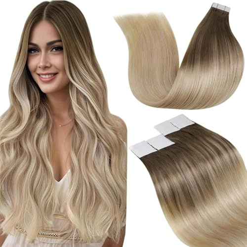 LaaVoo Invisible Tape Extensions Echthaar Ombre Blond Extensions Tape Echthaar Hellbraun Balayage Aschblond mit Platinblond Echthaar Extensions Tape 55cm 20pcs/50g #8/18/60