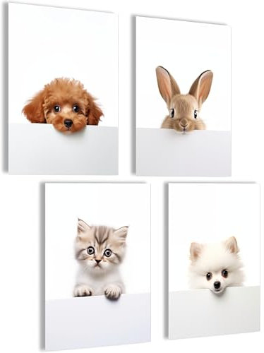 mojoliving Bilder Kinderzimmer jungen Baby Zimmer Poster Set Wandbilder Kinderzimmer mädchen Babyzimmer Deko Bilder für Baby Zimmer Dekoration (Set Welpen Hund Katze Kaninchen)