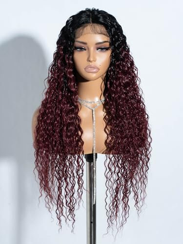 Joedir lange tief lockig gewellt Spitze vorne synthetische Perücken für Frauen glueless Spitze Perücke 76 cm mittleren Teil hitzebeständig Faser Perücke für den täglichen Gebrauch Partei ombre weinrot