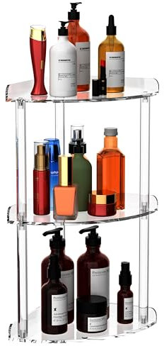 Sezanrpt 3 Tier Countertop Corner Organizer Shelf 7x7x15.7 Inch, Countertop Acrylic Bathroom Corner Shelf, Clear Vanity Storage Organizer for Cosmetics, Toiletries