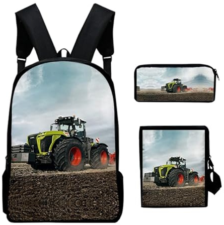 3D Traktor Schultaschen Kinder Jungen Rucksäcke Schultaschen Mit Großer Kapazität 3er-Set Mit Umhängetasche Federmäppchen Für Kinder Und Jugendliche (blau,Casual)