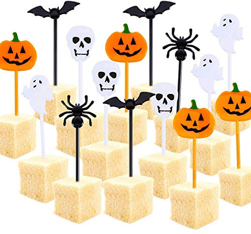 Namalu 100 Piezas Toppers de Cupcakes de Halloween de Plástico Palillos de Frutas Dientes de Calabaza Murciélago Calavera Fantasma Adornos para Cóctel Brocheta Aperitivo Cumpleaños Recuerdos Fiesta