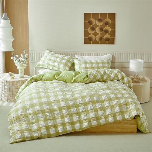 YASMENG Seersucker Bettwäsche 135x200 4teilig Grün Weiß Kariert Bettwäsche Seersucker Weich Atmungsaktiv Mikrofaser Bettwäsche Modern Bettbezug Set mit Reißverschluss und 2 Kissenbezüge 80x80 cm