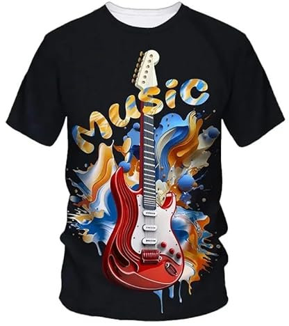 JIEDEDIAM Coole Rockgitarre 3D-Druck Sommer Mode Spaß Herren T-Shirt lässig locker Rundhals Kurzarm