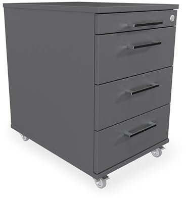 Eigentlich Rollcontainer mit 3 Schubladen und Materialauszug, Büroschrank rollbar B43 x T60 x H65 cm versch. Farben, Schreibtischunterschrank abschließbar, hauseigene Fertigung (Anthrazit)