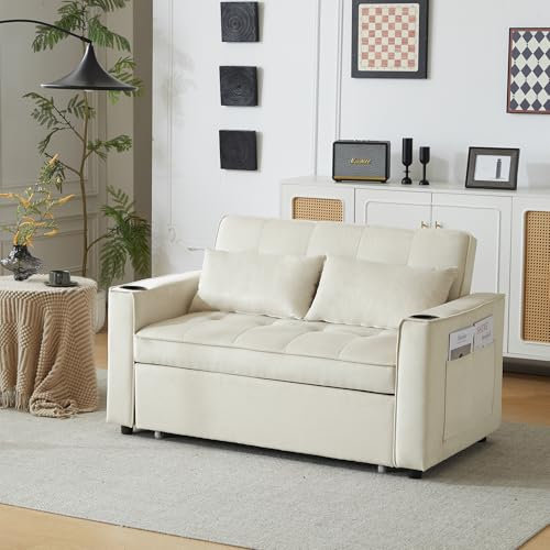 Merax Klappbares Schlafsofa Schlafcouch, Bettsofa mit 2 Kissen, Tagessofa mit schlaffunktion, Rückenlehne neigbar 105°/140°/180°, Couch mit Tassenhalter, Gästebett für Wohnheim, kleine Räume, Beige