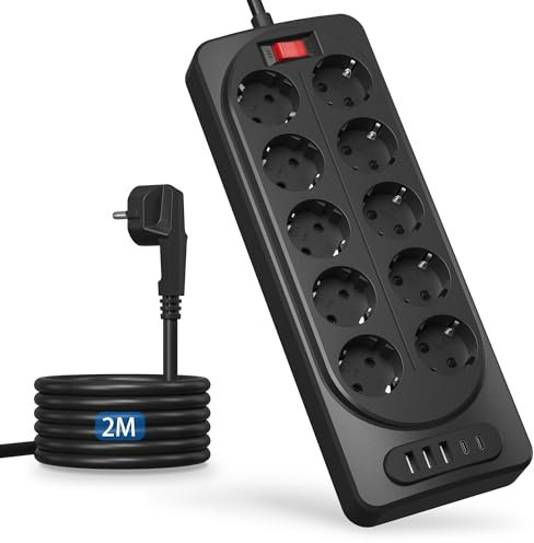 Ciabatta elettrica da 10 prese con USB C multiple, spina piatta con interruttore, presa di distribuzione, protezione da sovratensione, presa a parete, per casa, ufficio, cavo da 2 m, colore nero