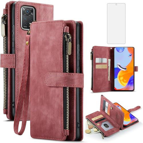 Asuwish Funda para Xiaomi Redmi Note 11 Pro Plus 5G con Cristal Templado Protector Pantalla Vidrio Pelicula Protectora Libro Cuero Piel Tarjetero Soporte 11Pro+ Pro+ Tapa Carcasa Capa Movil Case Rojo