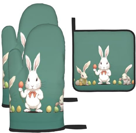 Set di 3 guanti da forno a forma di coniglietto pasquale e presine, con stampa 3D, isolanti, guanti da forno a microonde per cucina, cucina, forno, barbecue, grigliate