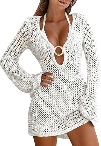 Women's Beach Crochet Cover Up Summer Knit Swimwear Mesh Bathing Suit Hollow Out Mini Dress Vacation Bikini Swimsuit White