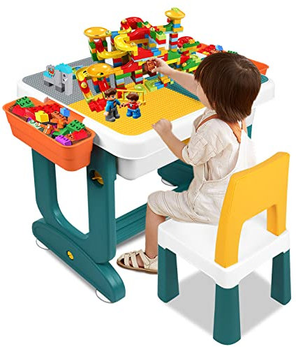 YRHome Multifunktionaler Kindertisch mit 2 Stühle Spieltisch Doppelseitiger Aktivitätstisch 300 Stück Bausteine Kinder Tisch Stuhl Set für Kinderzimmer