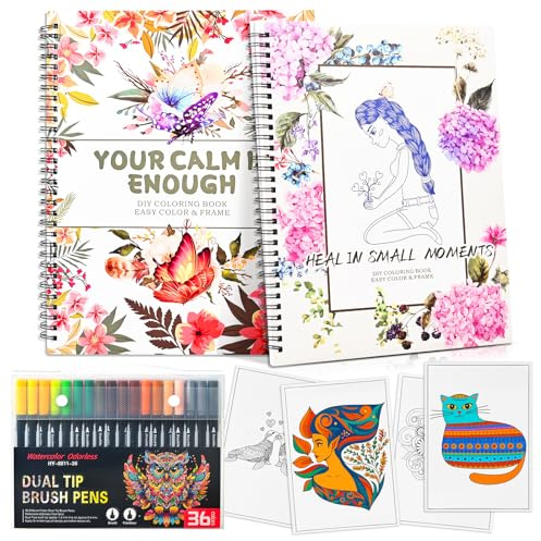 Malbücher für Erwachsene Entspannung mit 36 Pinselmarkern mit zwei Spitzen – 2 Bücher, 64 Tier- & Blumendesigns, positive Affirmationen zur Stress- und Angstlinderung