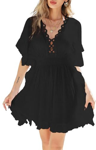NLAND Vestido de Playa Mujer Cuello en V Bikini Camisolas Cover up Suelto Camisa de Playa Ropa de Baño Sólido Blusa Tops Talla Grande para Piscina Vacaciones,Negro