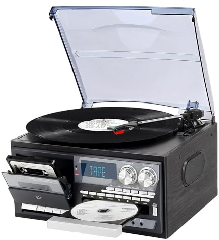 LSyySy Vinyl Record Player, Retro Bluetooth Record Player with Built in Speakers, 3 Speed Bluetooth Vintage Turntable, CD and Cassette Player, Less Noise, Frosted Dust Cover, for Entertainment