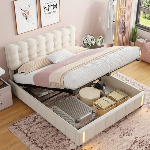QMTXBYJ Polsterbett Doppelbett 140x200 cm mit LED Beleuchtung, Hydraulisch Bett 140x200 mit Bettkasten und Lattenrost, Stauraumbett Jugendbett Rückenlehne Bett aus Massivholz und Samt,ohne Matratze