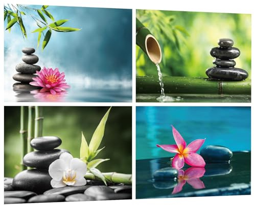 4er Set Wandtattoo Zen Steinen - Wandsticker Grüne Pflanzen Blumen & SPA Badezimmer Poster Selbstklebend - Wandaufkleber für Deko Toilette, Wohnzimmer, Esszimmer, Büro 50x35cm (e)