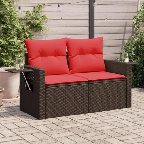 QJBSAVVA Gartensofa 2-Sitzer Braun PE-Rattan mit klappbarem Beistelltisch und rotem Sitzkissen Outdoor Gartenmöbel platzsparend für Balkon Terrasse und Garten